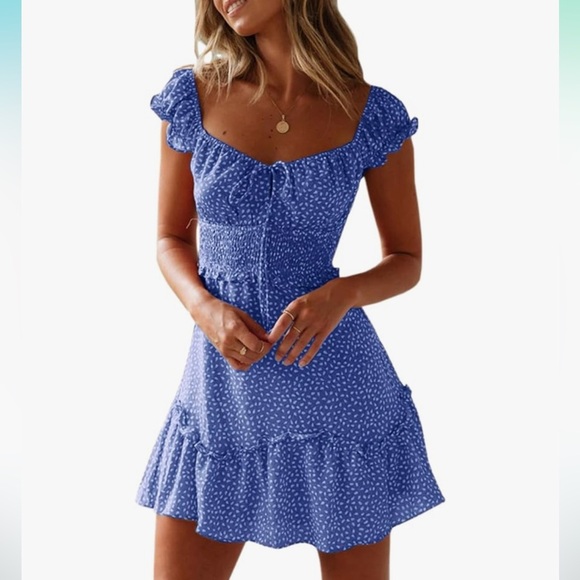 Dresses & Skirts - Smocked Dress Ruffle Floral Tie Front Boho Short Dresses